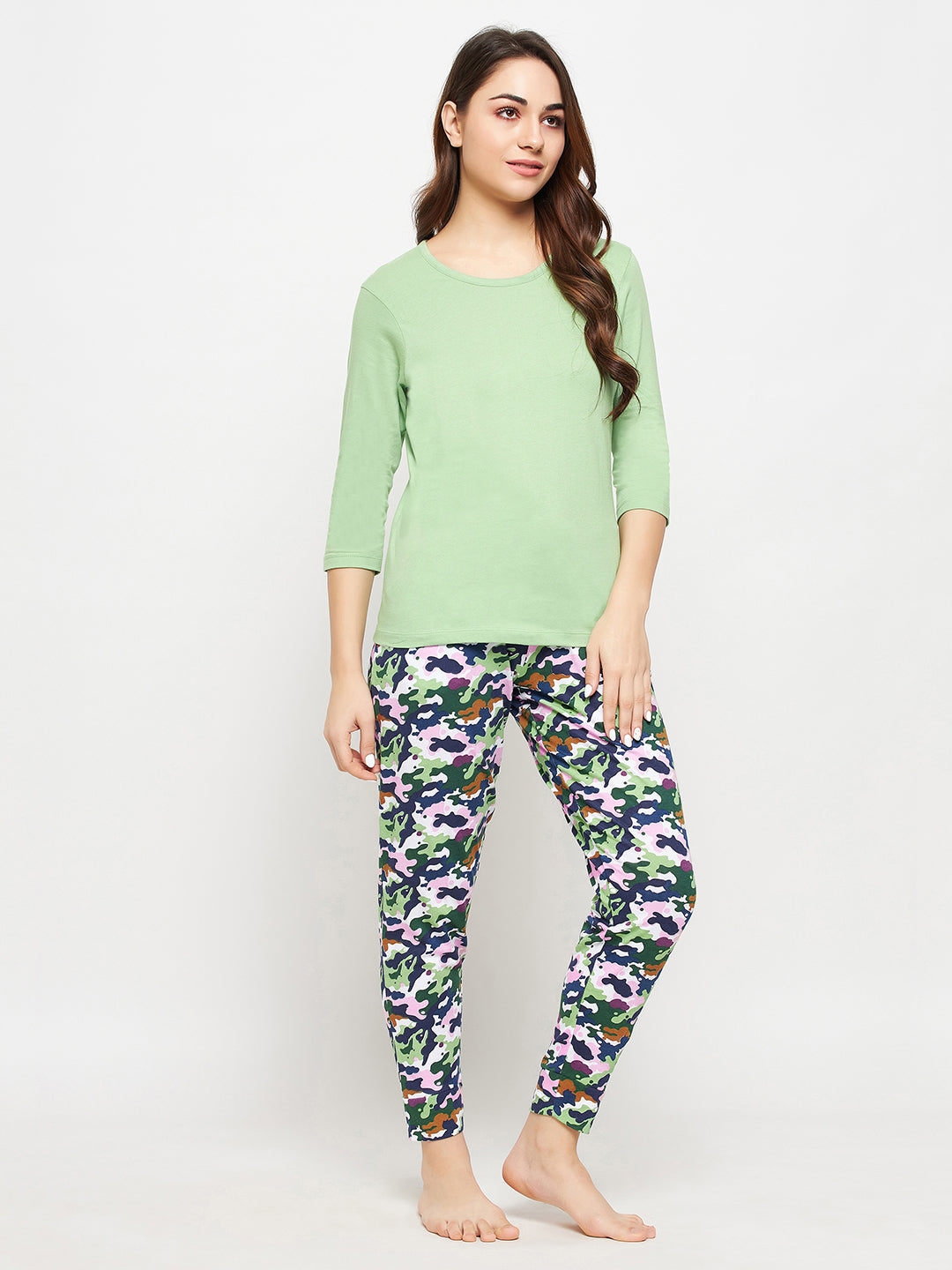 Mint-Green-Cotton-Chic-Basic-Top-&-Camouflage-Print-Pyjama