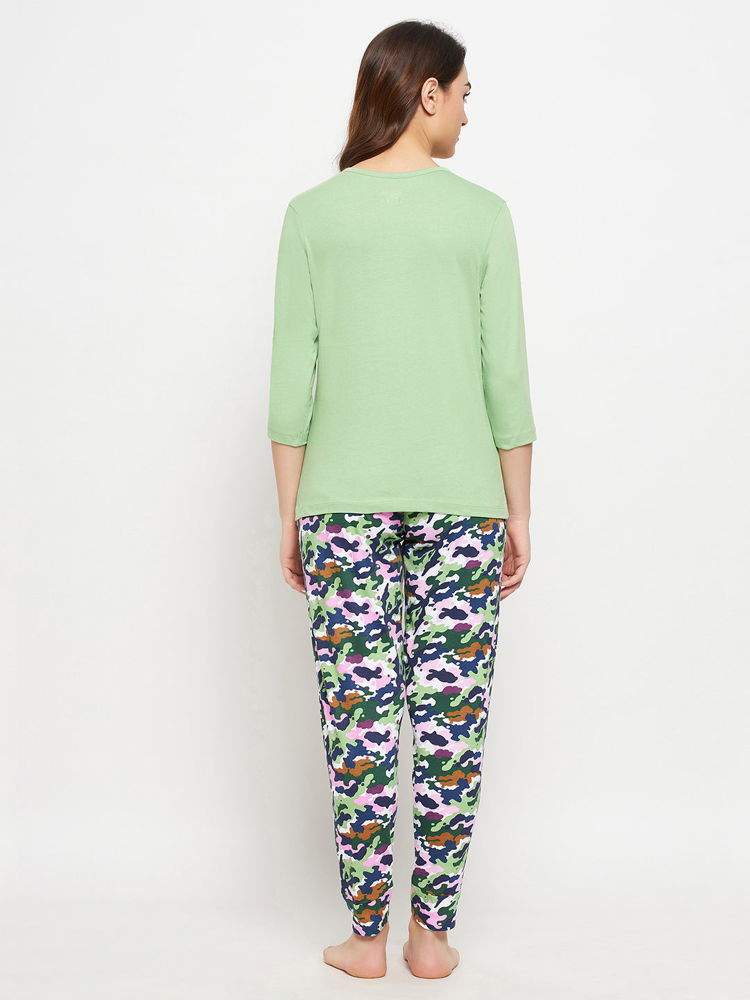 Mint-Green-Cotton-Chic-Basic-Top-&-Camouflage-Print-Pyjama