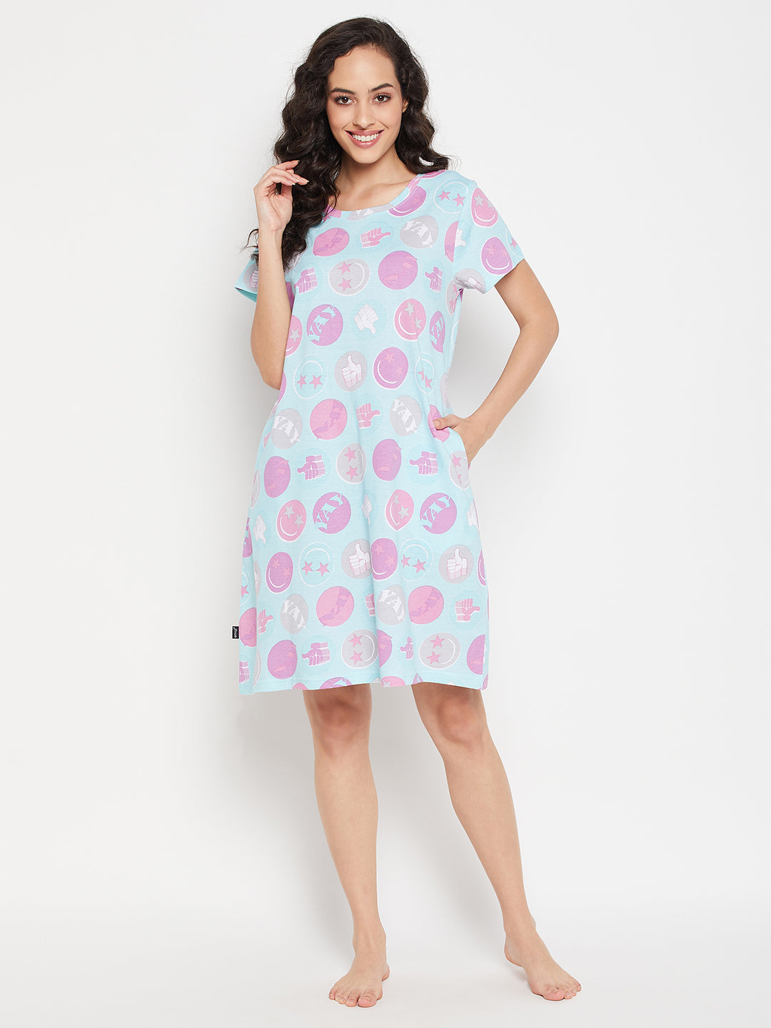 Mint-Green-Cotton-Emoji-Print-Short-Night-Dress