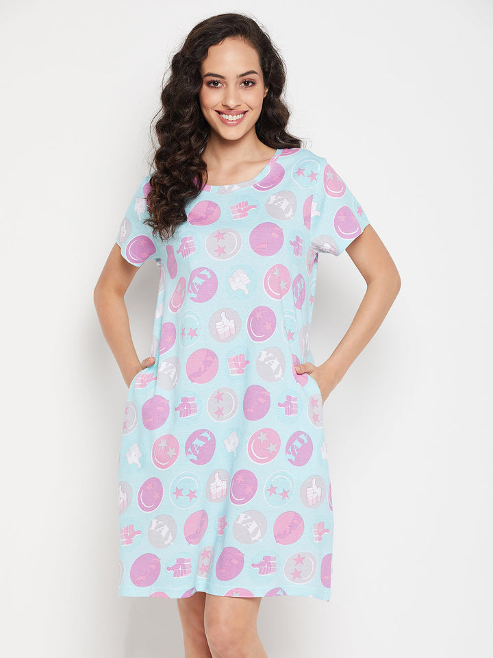 Mint-Green-Cotton-Emoji-Print-Short-Night-Dress