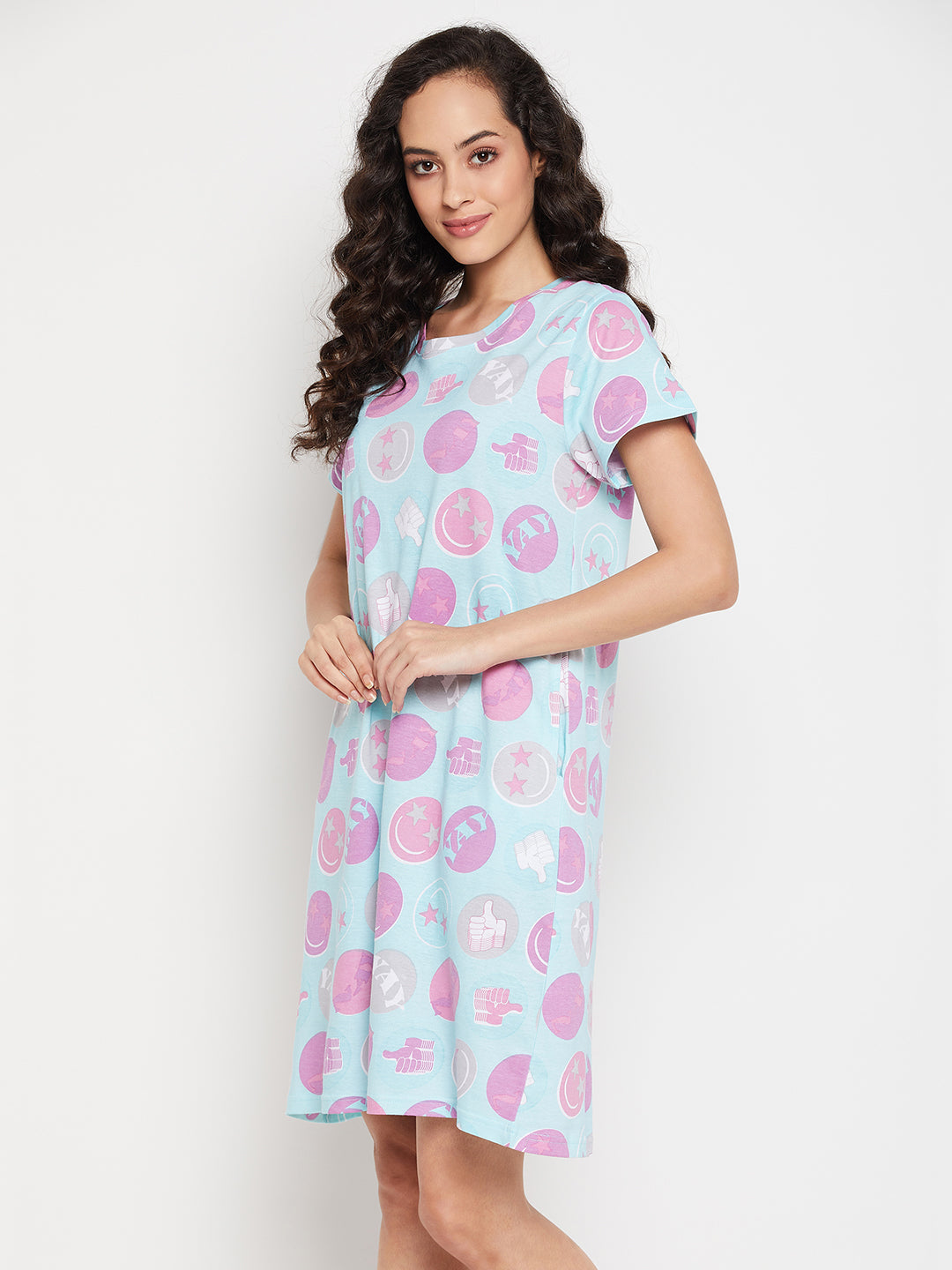 Mint-Green-Cotton-Emoji-Print-Short-Night-Dress