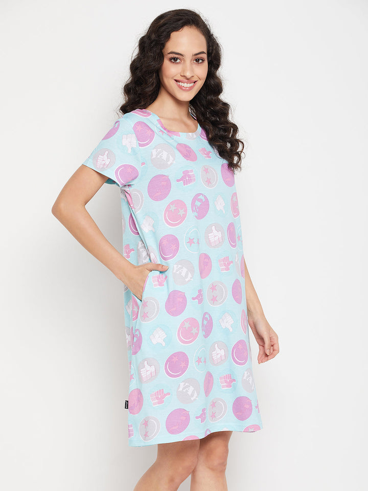 Mint-Green-Cotton-Emoji-Print-Short-Night-Dress