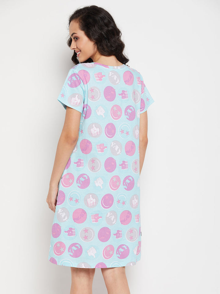 Mint-Green-Cotton-Emoji-Print-Short-Night-Dress