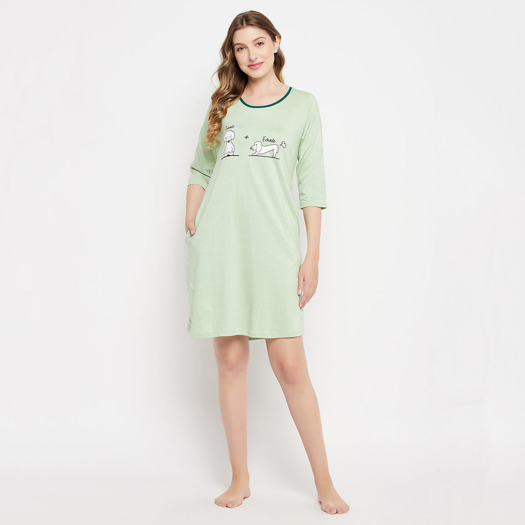 Mint-Green-Cotton-Graphic-&-Text-Print-Night-Dress