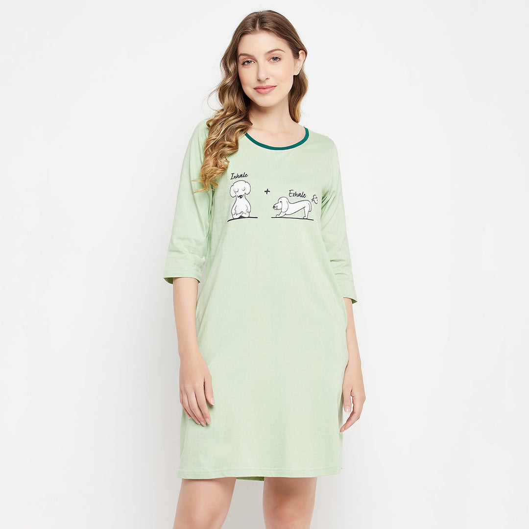 Mint-Green-Cotton-Graphic-&-Text-Print-Night-Dress