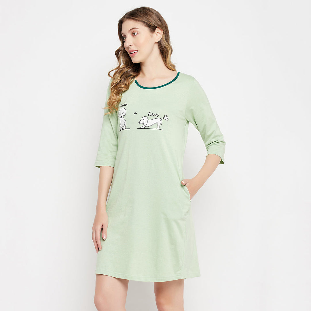 Mint-Green-Cotton-Graphic-&-Text-Print-Night-Dress