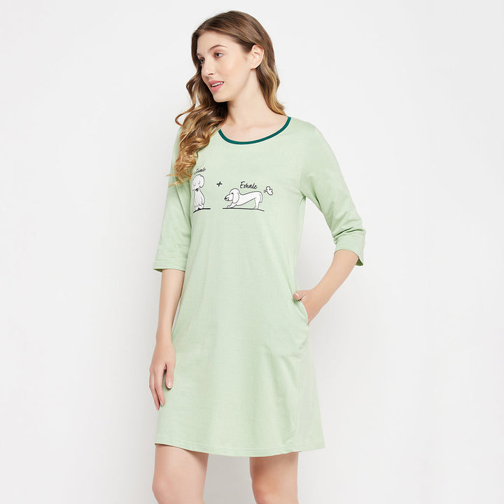 Mint-Green-Cotton-Graphic-&-Text-Print-Night-Dress