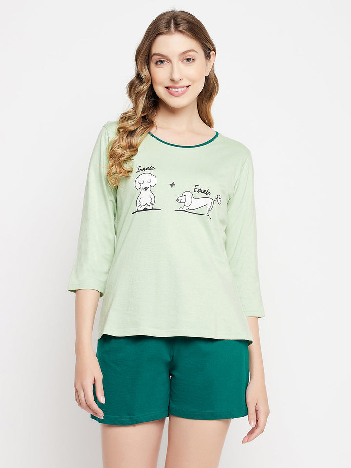 Mint-Green-Cotton-Text-Print-Top-&-Chic-Basic-Shorts