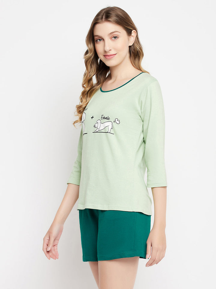 Mint-Green-Cotton-Text-Print-Top-&-Chic-Basic-Shorts