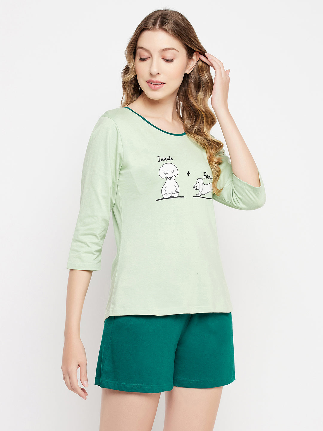 Mint-Green-Cotton-Text-Print-Top-&-Chic-Basic-Shorts