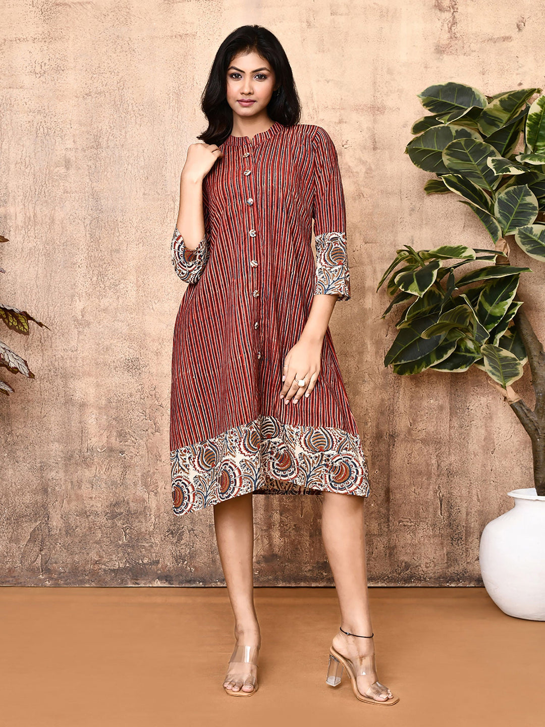 ZERESOUQ-Miraya-Red-Cotton-Block-Printed-Long-Shirt-Dress