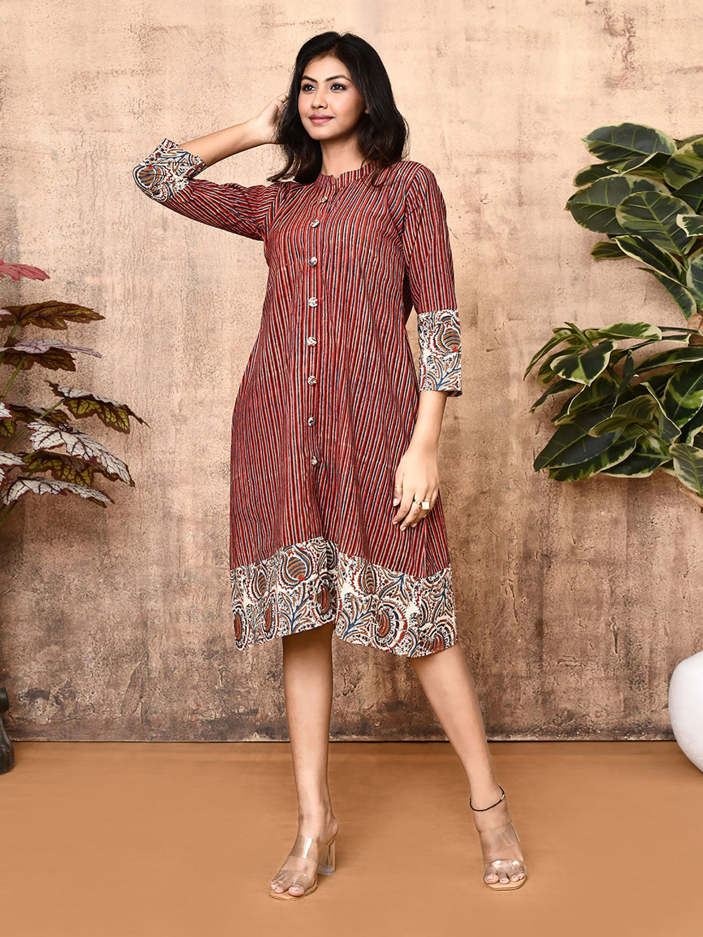 ZERESOUQ-Miraya-Red-Cotton-Block-Printed-Long-Shirt-Dress