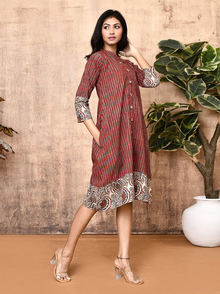 ZERESOUQ-Miraya-Red-Cotton-Block-Printed-Long-Shirt-Dress