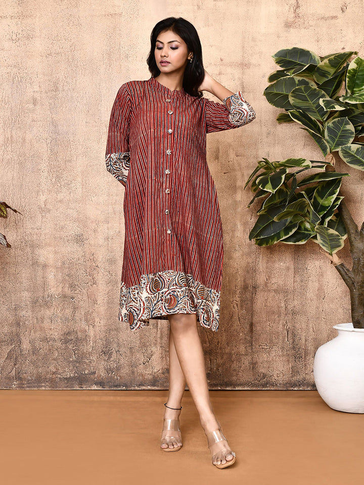 ZERESOUQ-Miraya-Red-Cotton-Block-Printed-Long-Shirt-Dress