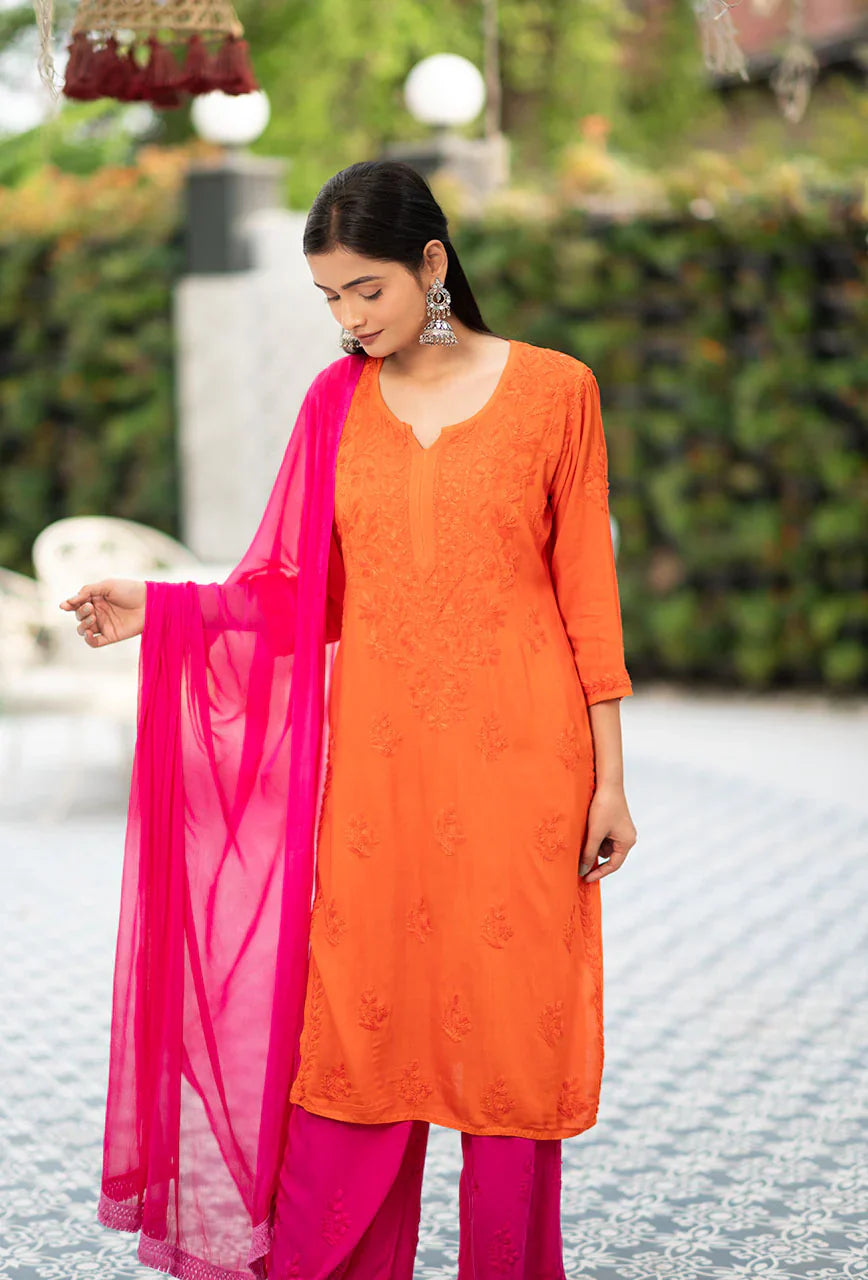 Moonchild-Orange-Rayon-Three-Fourth-Sleeves-3-Piece-Kurta-Set