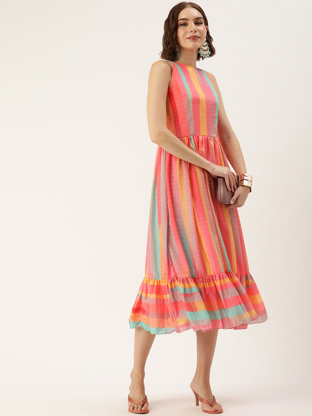 Multi-Color-Chinon-Print-Sleeveless-Dress