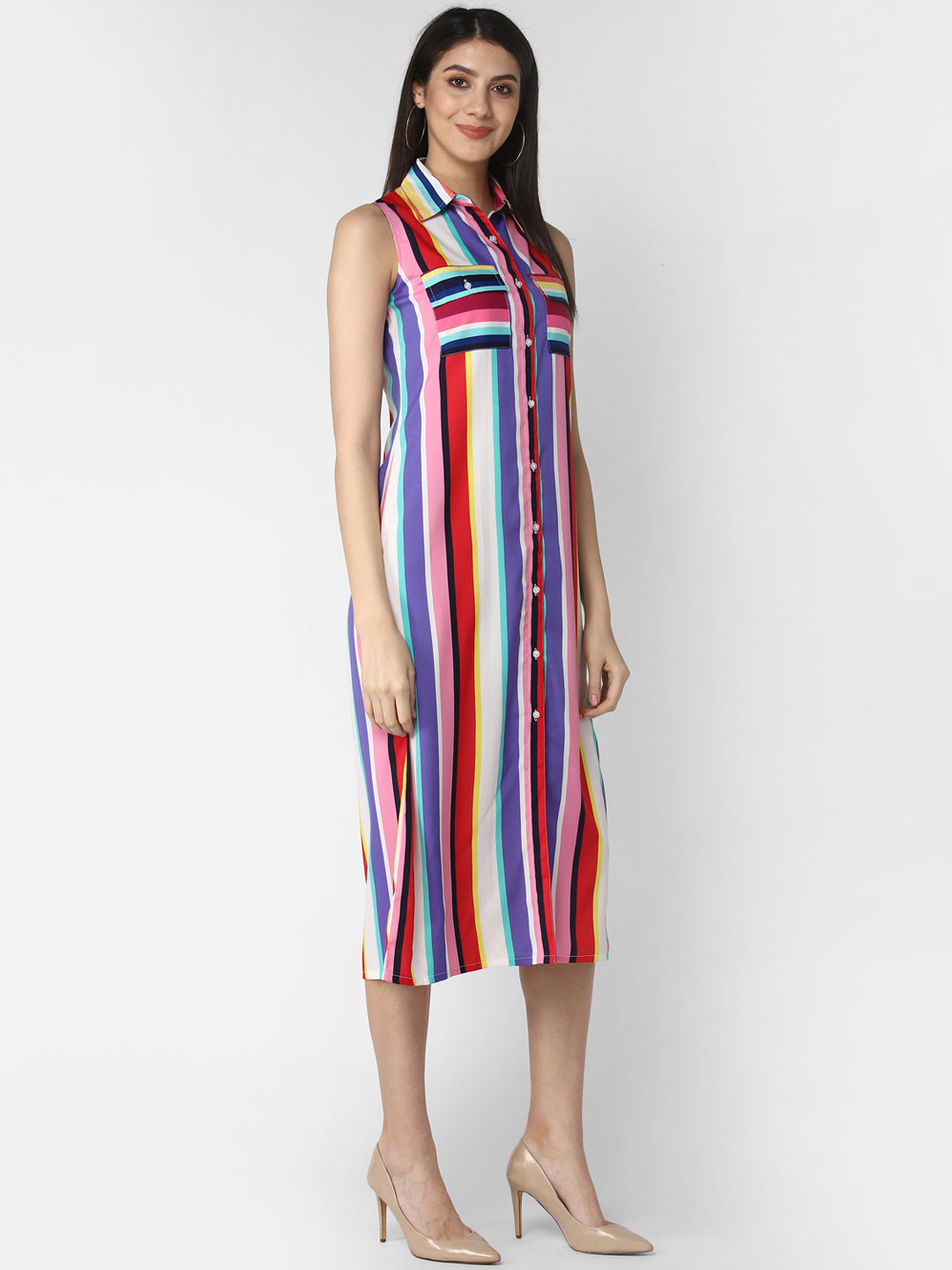 Multi-Color-Poly-Crepe-Stripe-Dress