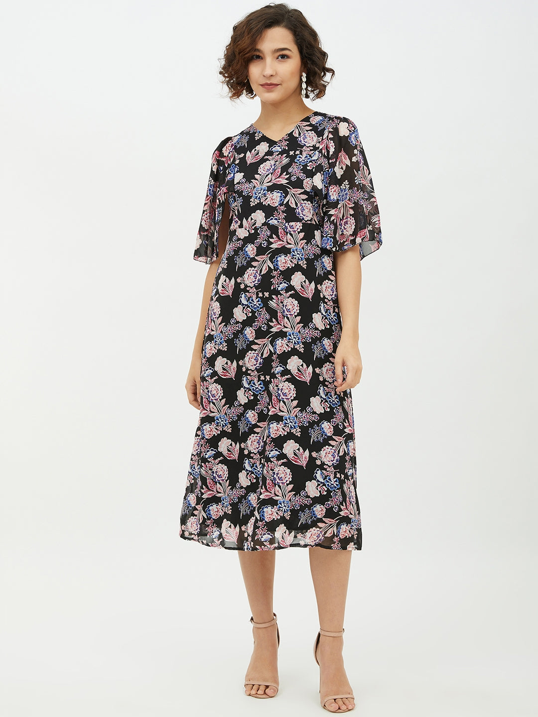 Multi-Color-Poly-Georgette-Floral-Print-Cape-Style-Dress