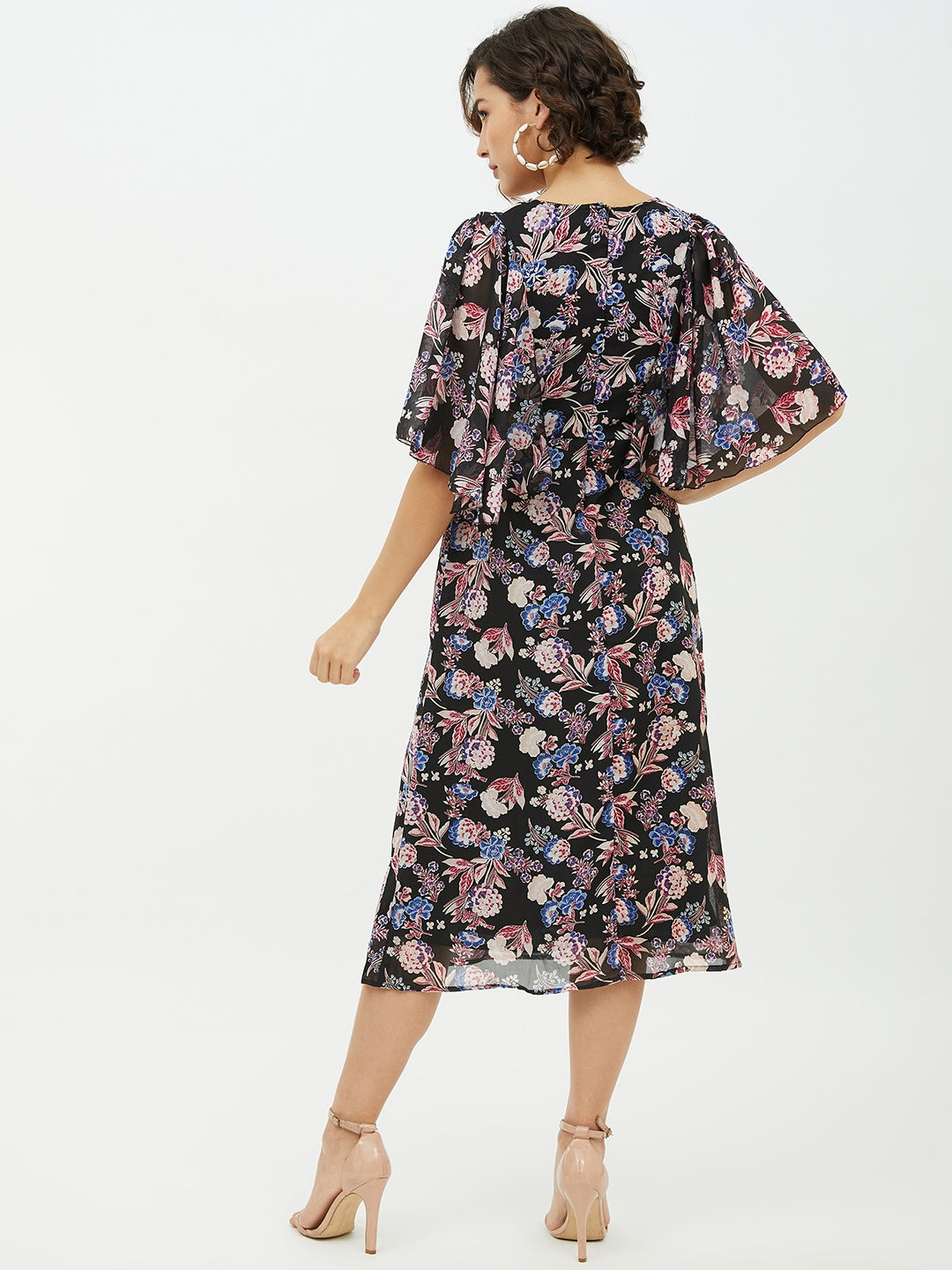 Multi-Color-Poly-Georgette-Floral-Print-Cape-Style-Dress