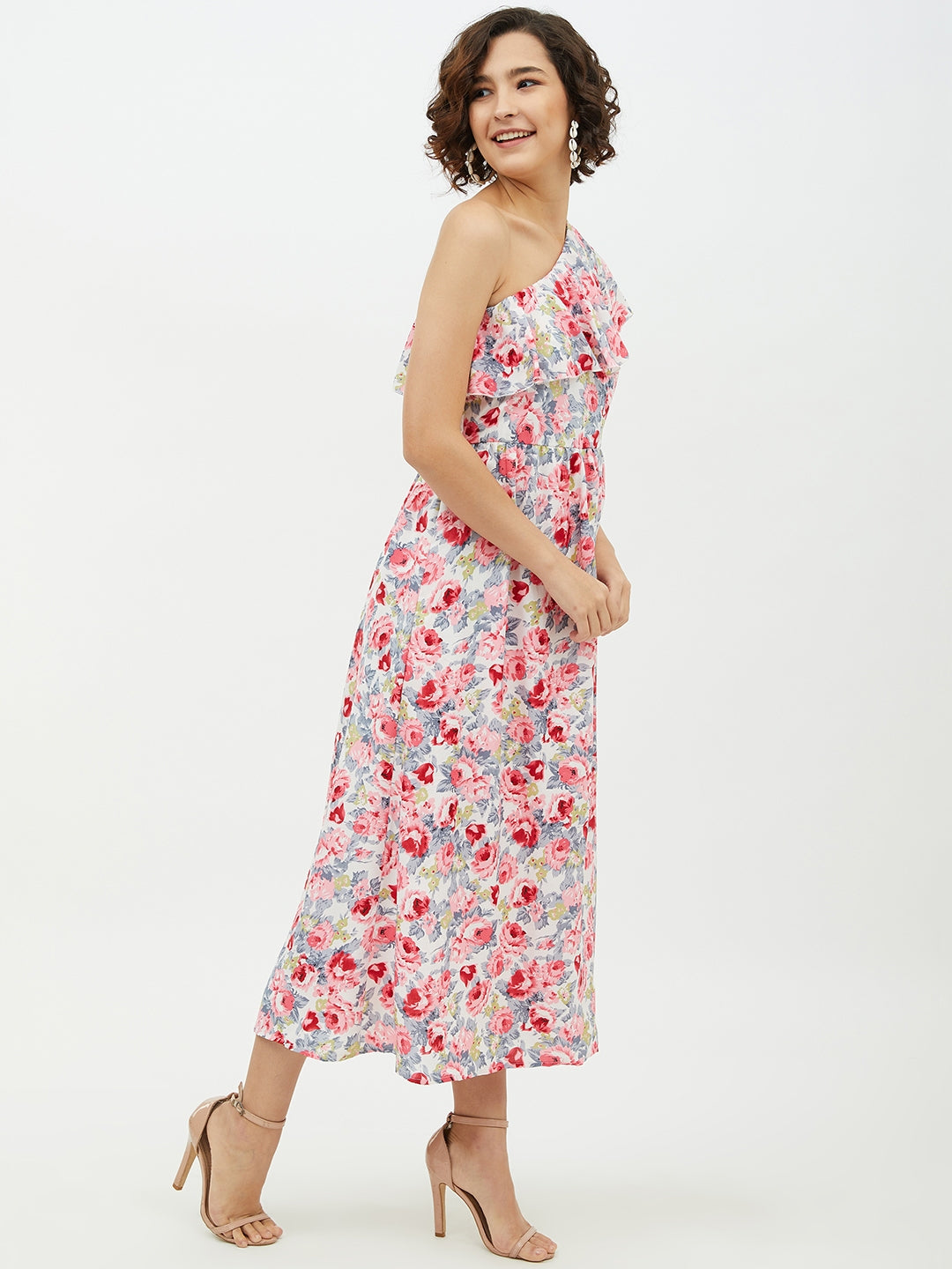 Multi-Color-Polyester-Floral-One-Shoulder-Crepe-Long-Dress
