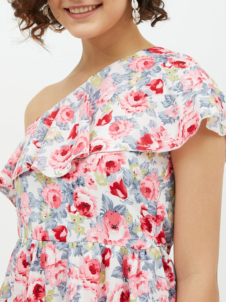 Multi-Color-Polyester-Floral-One-Shoulder-Crepe-Long-Dress