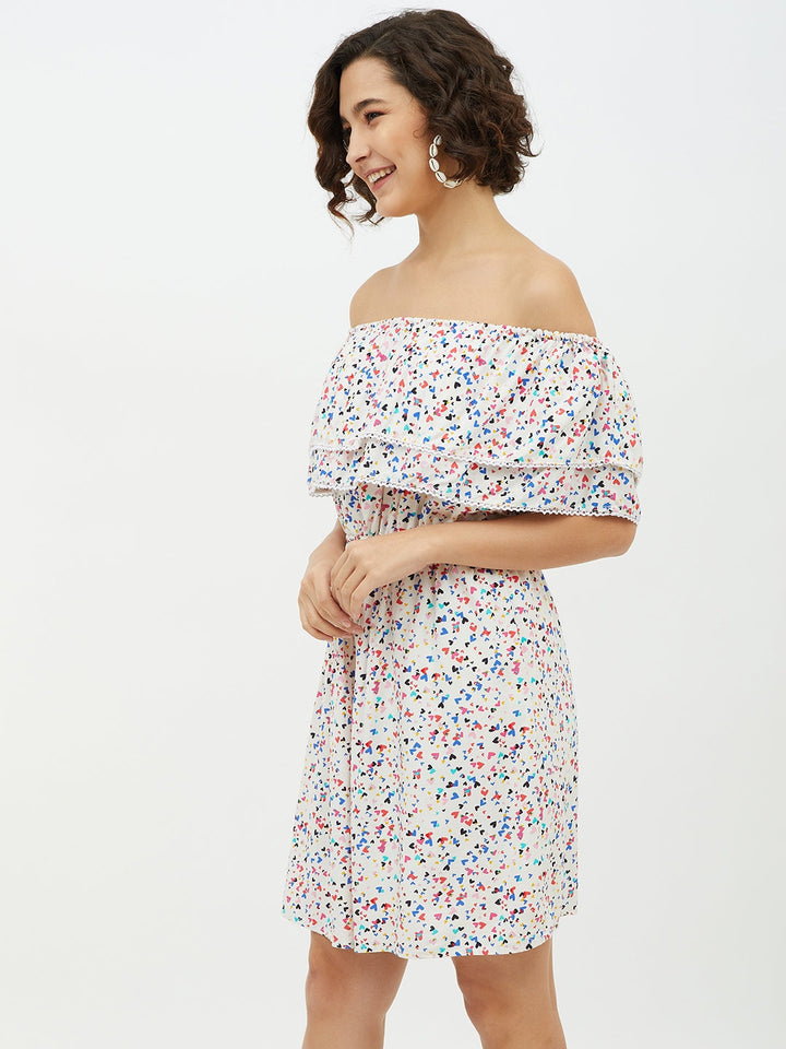 Multi-Color-Polyester-Heart-Printed-Off-Shoulder-Dress
