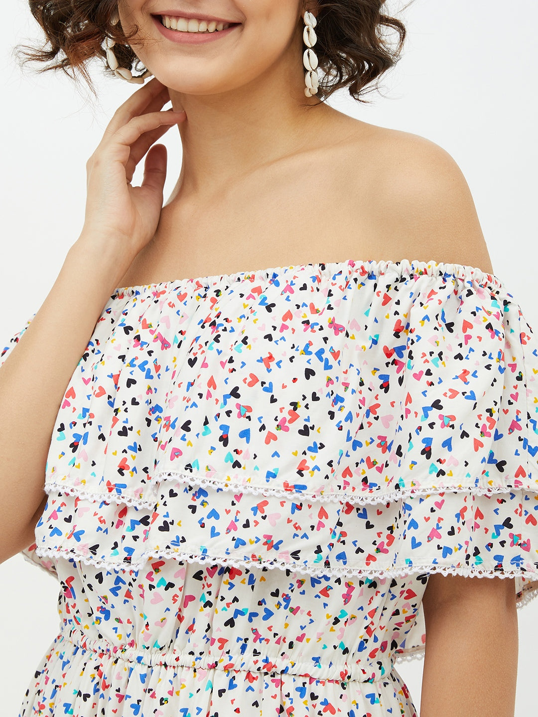 Multi-Color-Polyester-Heart-Printed-Off-Shoulder-Dress