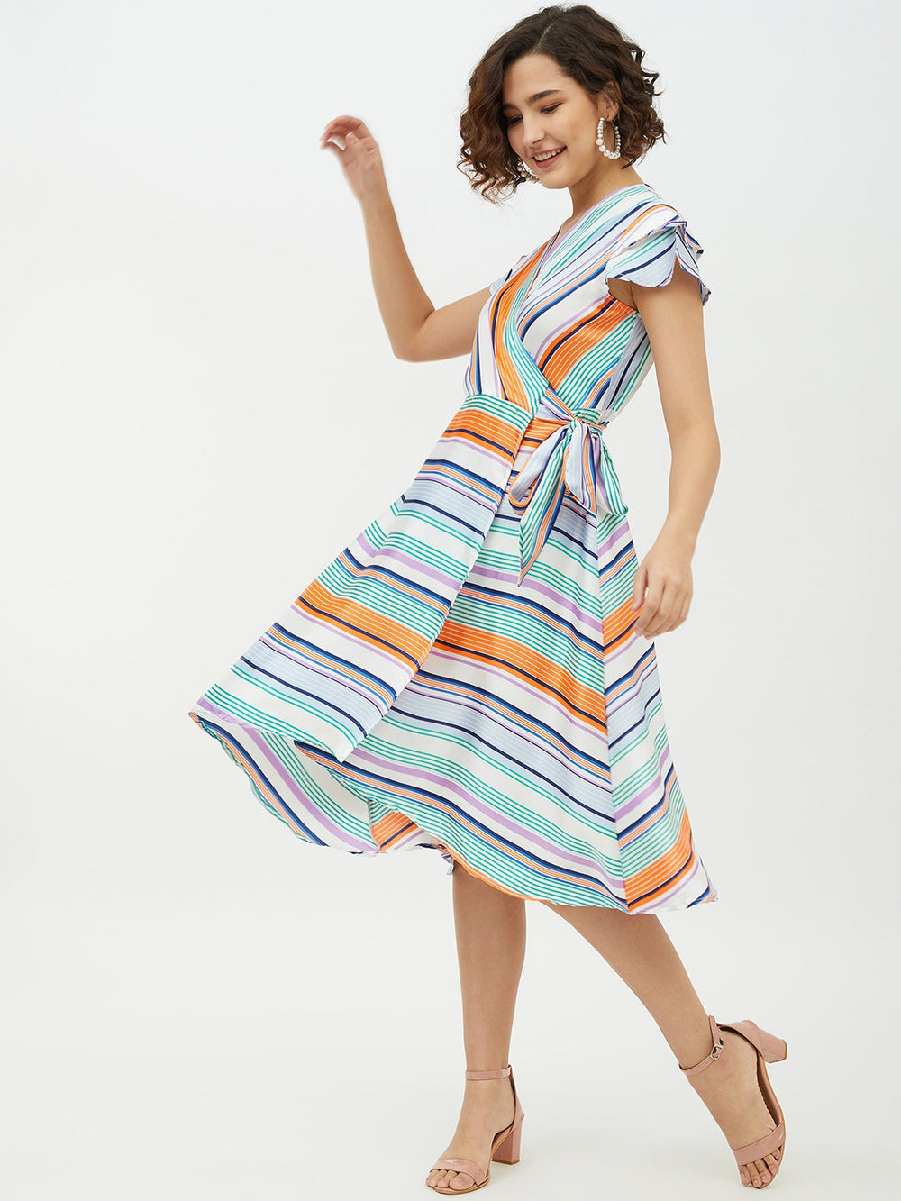 Multi-Color-Polyester-Satin-Striped-Wrap-Dress