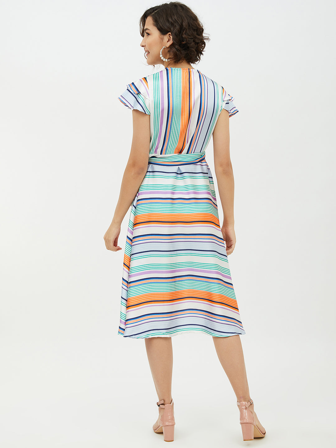 Multi-Color-Polyester-Satin-Striped-Wrap-Dress