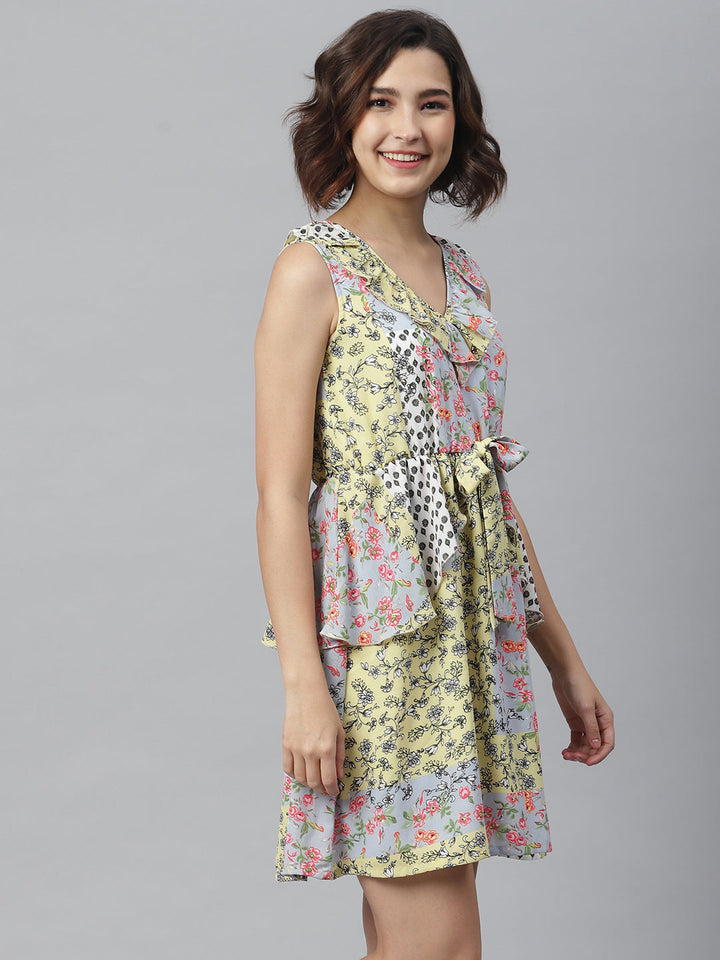 Multi-Color-Polyester-Tile-Print-Dress-With-Peplum-Detail