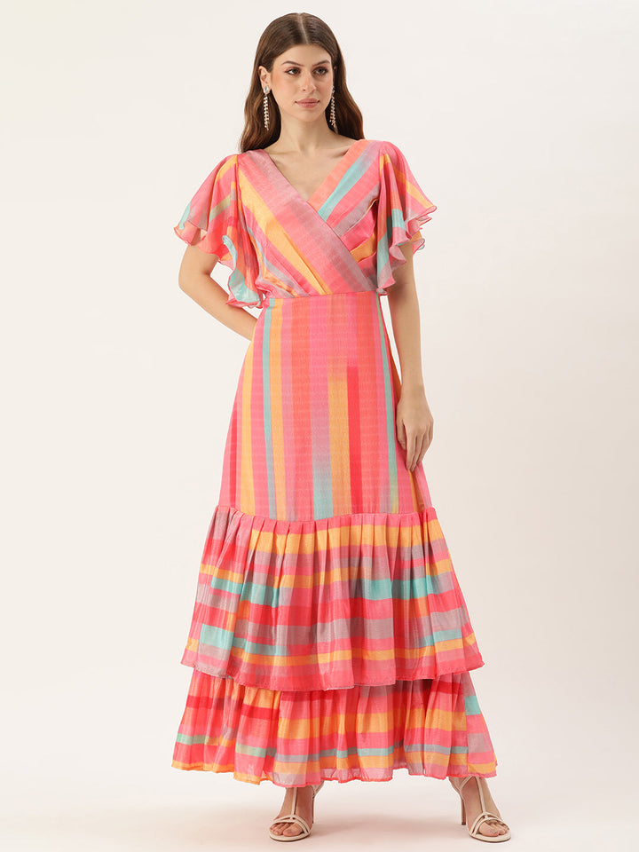 Multicolor-Chinon-Boat-Neck-Digital-Print-Gown