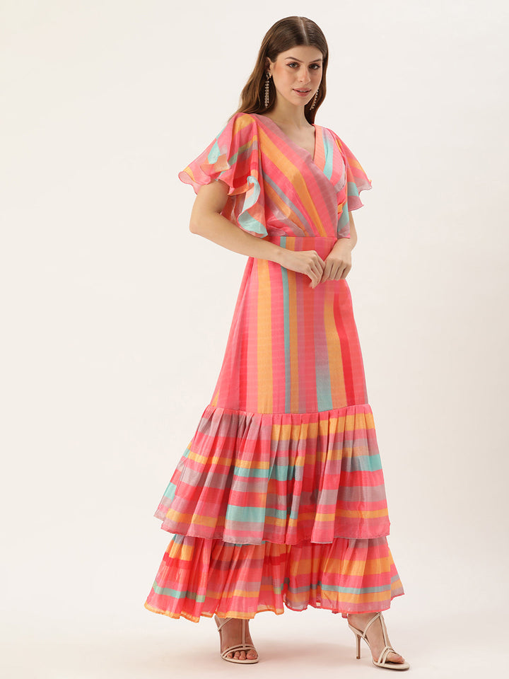 Multicolor-Chinon-Boat-Neck-Digital-Print-Gown