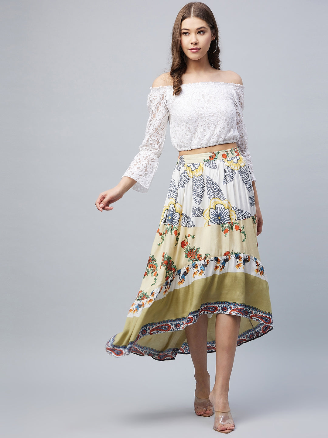 Multicolor-Cotton-Off-Shoulder-Lace-High-Low-Skirt-Set