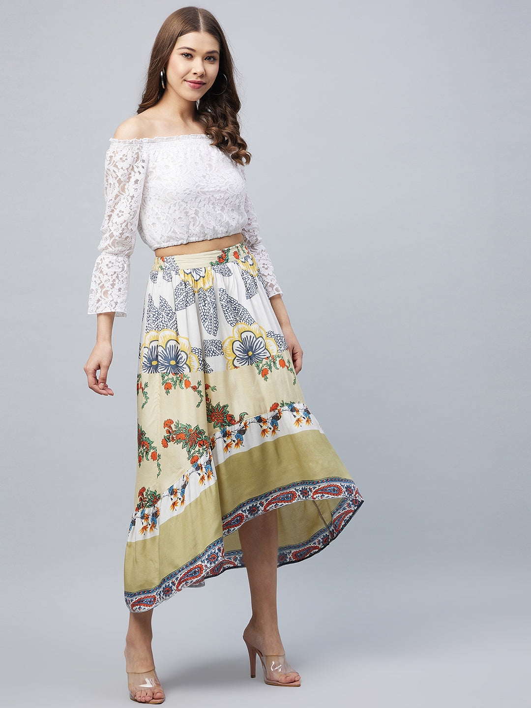 Multicolor-Cotton-Off-Shoulder-Lace-High-Low-Skirt-Set