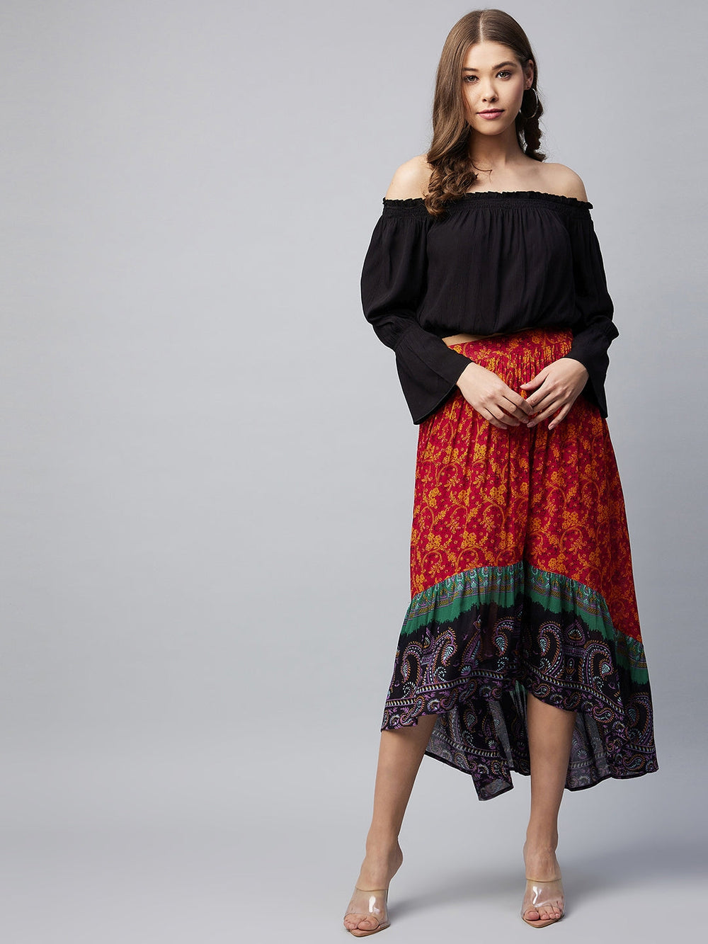 Multicolor-Cotton-Off-Shoulder-Laced-High-Low-Skirt-Set