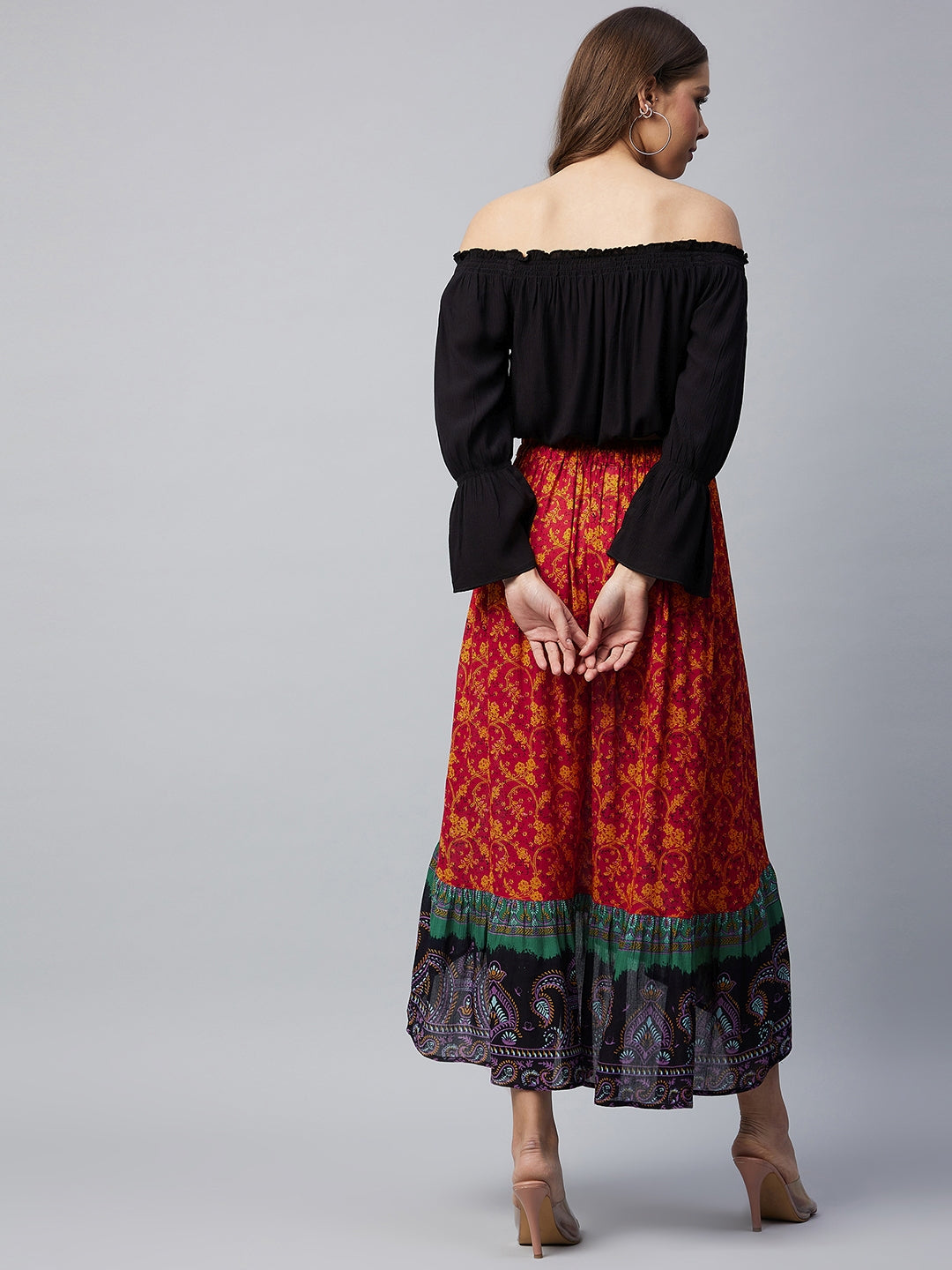 Multicolor-Cotton-Off-Shoulder-Laced-High-Low-Skirt-Set