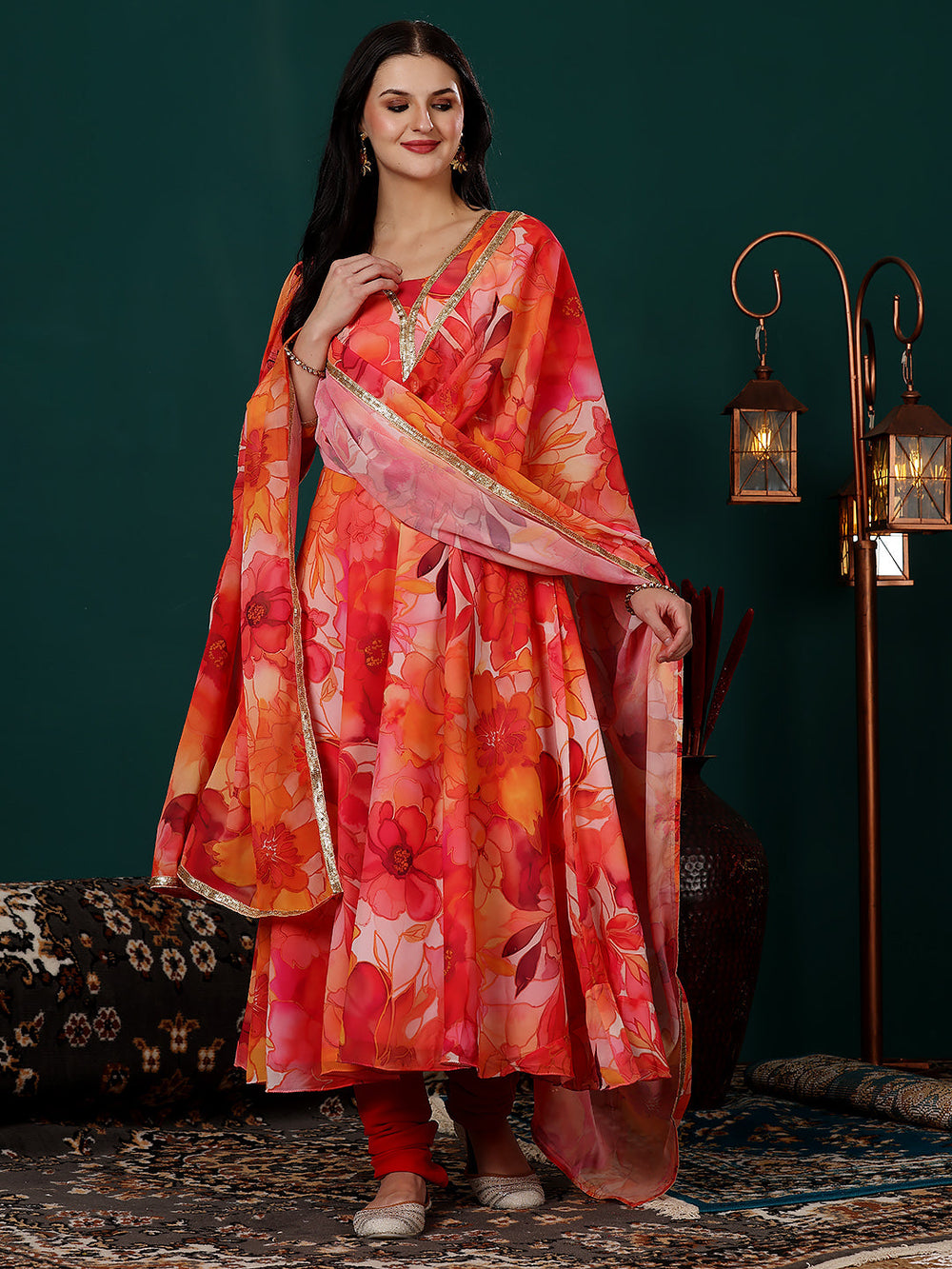 Multicolor-Georgette-Printed-V-Neck-Style-Anarkali-Suit