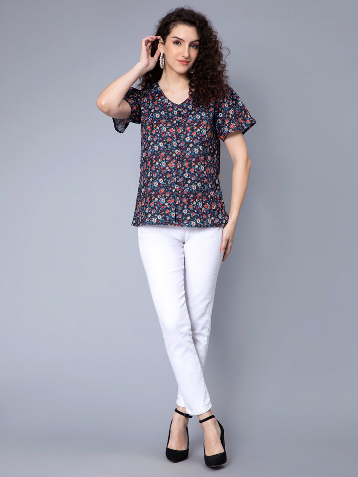 Multicolor Moss Georgette Half Sleeve Top