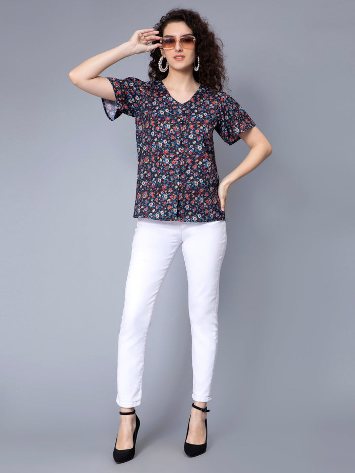 Multicolor Moss Georgette Half Sleeve Top