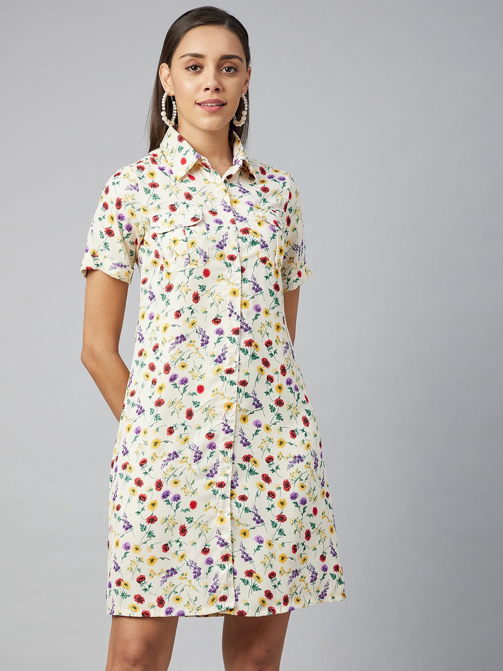 Multicolor-Polyester-Floral-Shirt-Dress