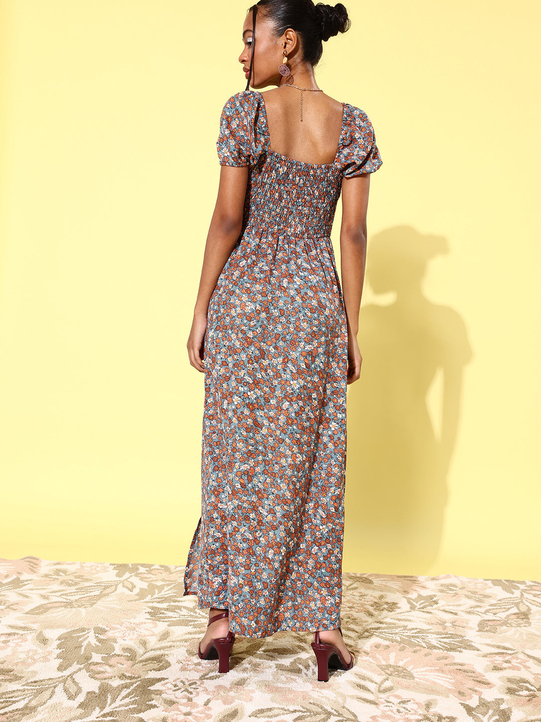 Multicolor-Polyester-Moss-Floral-Maxi-Dress-with-Puffed-Sleeve