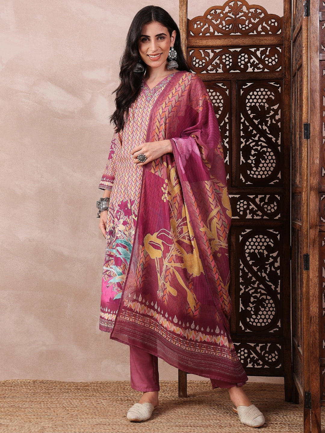 ZERESOUQ-Multicolor-Silk-Blend-Floral-Printed-3-Piece-Kurta-Set