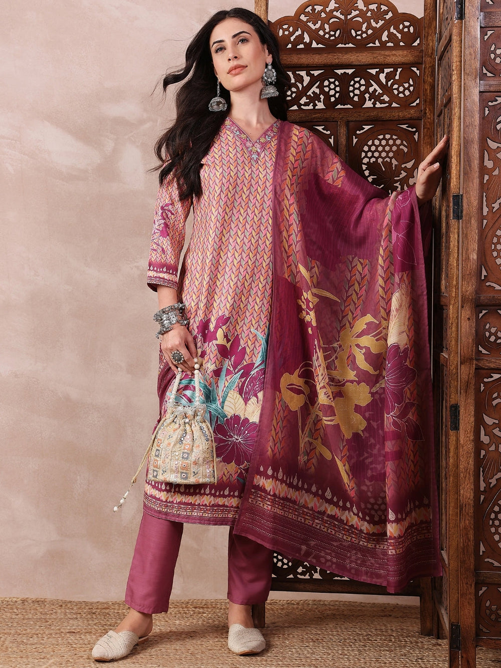 ZERESOUQ-Multicolor-Silk-Blend-Floral-Printed-3-Piece-Kurta-Set