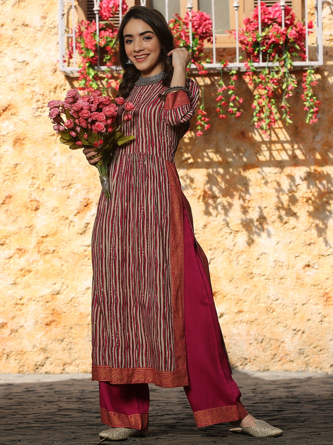 Multicolor Striped Front Gather Kurta Set