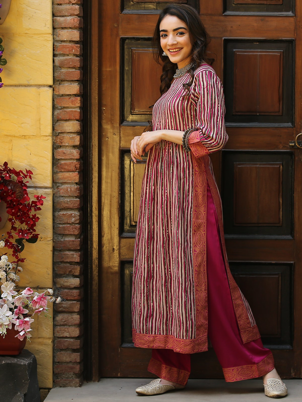 Multicolor Striped Front Gather Kurta Set