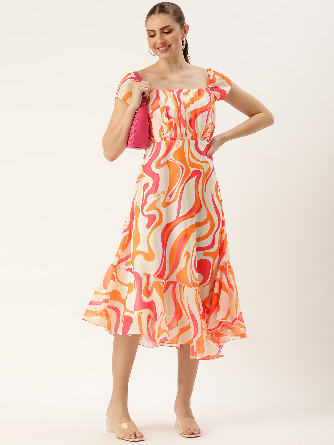 Multicolored-Georgette-Cap-Sleeve-Print-Dress