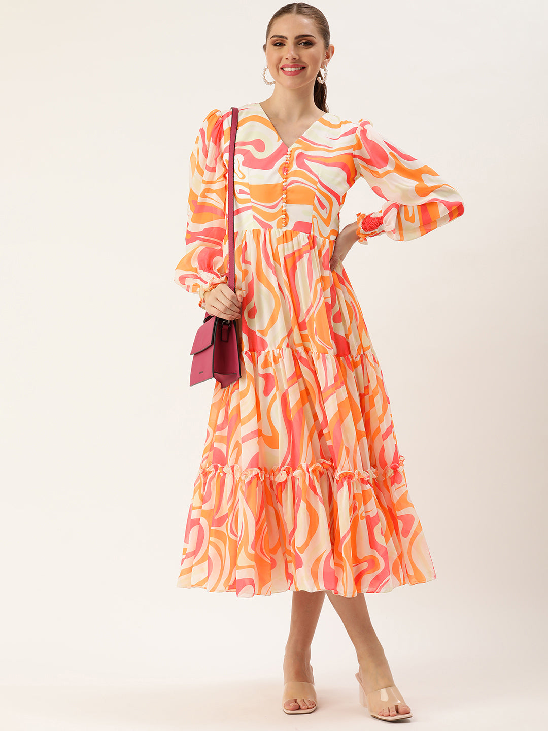 Multicolored-Georgette-Pinted-Tiered-Gathers-Dress