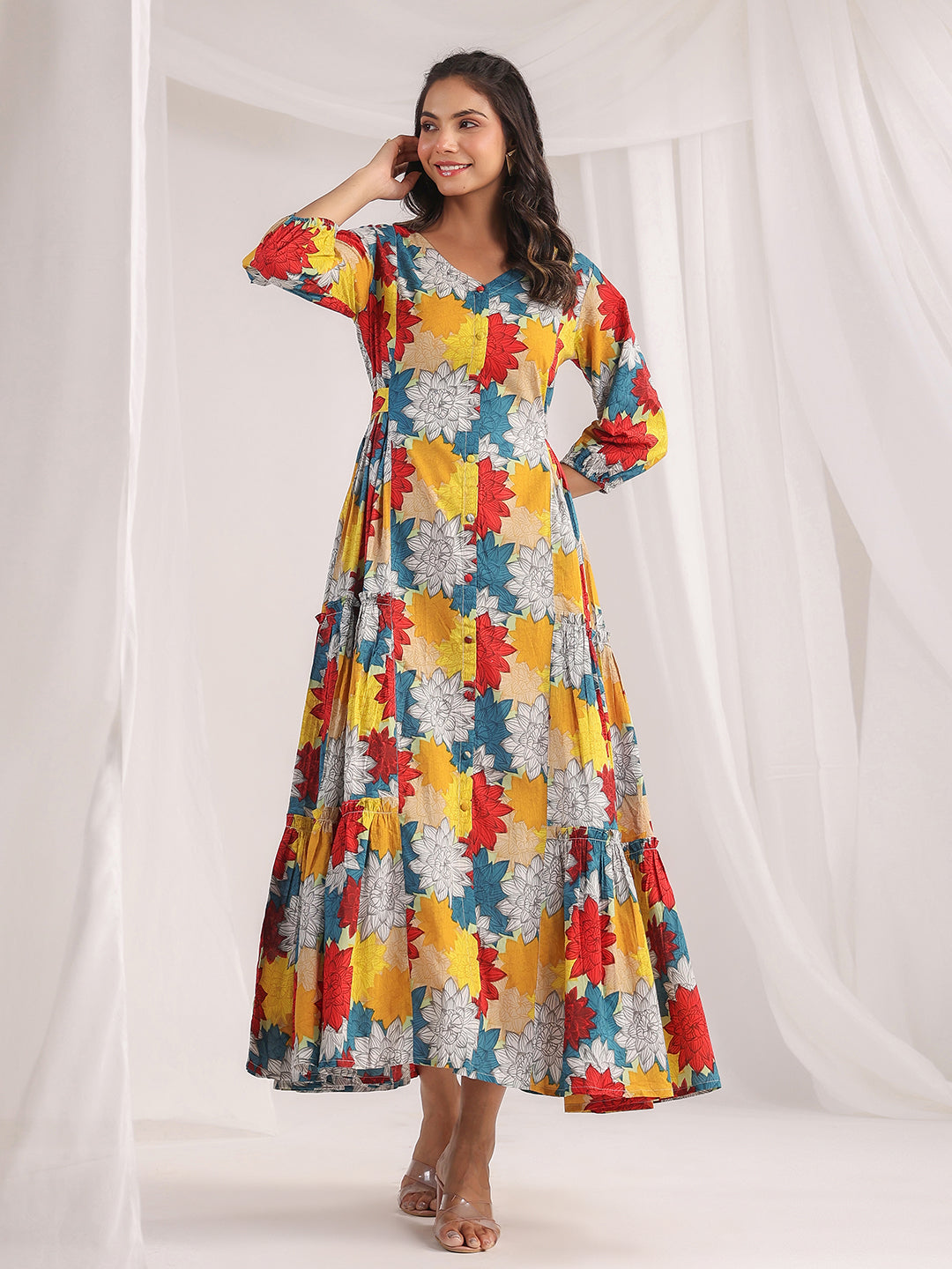 Multicolour-Cotton-Printed-Balloon-Sleeves-Dress