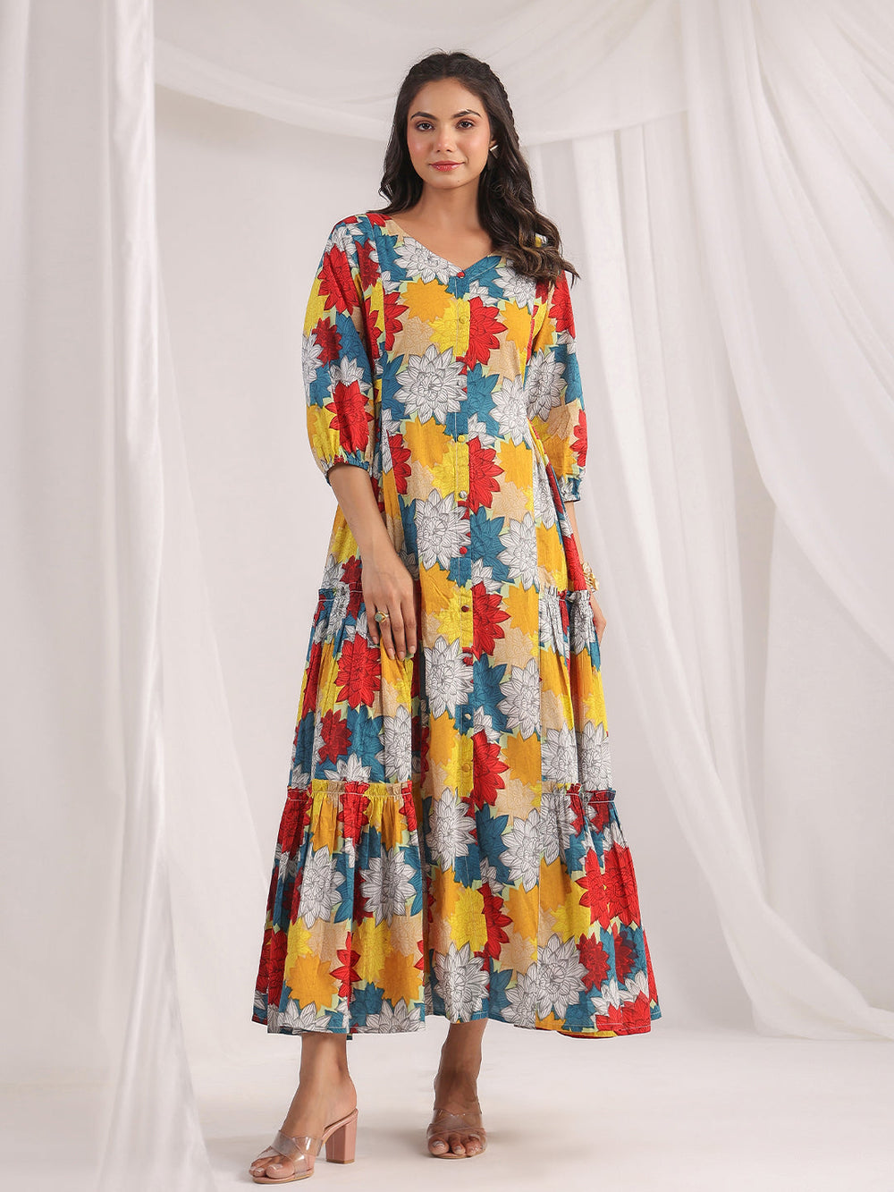 ZERESOUQ-Multicolour-Cotton-Printed-Balloon-Sleeves-Dress