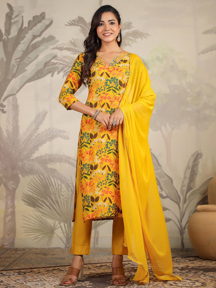 Mustard All-Over Chanderi Floral Chanderi Kurta Set